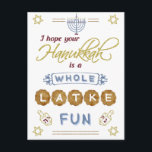 Lycklig Hanukkah Hela Latke Roligt Funny Vykort<br><div class="desc">Hanukkah-vykorten innehåller den humoristiska frasen: "Jag hoppas att Hanukkah är en slående roligt." De omfattar teckning av drömförebilder,  en menorah,  David Star och fler förskönelser. Paletten färg är grått-blå,  marsaladöd,  guld och brun på vitt.</div>