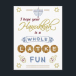 Lycklig Hanukkah Hela Latke Roligt Funny Vykort<br><div class="desc">Hanukkah-vykorten innehåller den humoristiska frasen: "Jag hoppas att Hanukkah är en slående roligt." De omfattar teckning av drömförebilder,  en menorah,  David Star och fler förskönelser. Paletten färg är grått-blå,  marsaladöd,  guld och brun på vitt.</div>