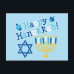 Lycklig Hanukkah Helg Vykort<br><div class="desc">Lycklig Hanukkah-texten med menorah,  David-stjärnan och två drömmar. Blå,  vit och gult.</div>