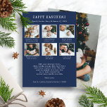 Lycklig Hanukkah Helgdag Card Julkort<br><div class="desc">Lycklig Hanukkah Helgdag Card. Höj dina hjärtliga känslor med vår chic "Lycklig Hanukkah"-fotokort för personlig helgdag. Den här snyggtens nyckelnamn, som har ett typsnitt för vintagen skrivmaskin och ett blanksteg för 7 (fram- och baksida) familjefotografier, är en perfekt blandning av nostalgi och stil. Vit text på en marin blå bakgrund...</div>