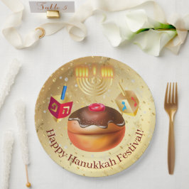 Lycklig Hanukkah Helgdag Donuts och Menorah Guld