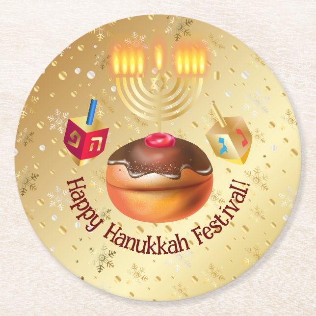 Lycklig Hanukkah Helgdag Donuts och Menorah Guld Underlägg Papper Rund (Framsidan)