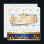 Lycklig Hanukkah! Helgdag Julkort<br><div class="desc">Lycklig Hanukkah! Judiska inbjudningar,  hälsningskort,  jude helgdag Hanukkah,  "Judaica",  festival,  hälsningskort traditionella Chanukah-symboler - trädedrömidels (spinning top),  hebreiska brev,  nötter,  menorahljus,  olja burk,  stjärna David glowing ljus mönster,  vintage</div>