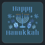 Lycklig Hanukkah Jewish Festival Menorah Dreidel Fyrkantigt Klistermärke<br><div class="desc">Lycklig Hanukkah roligt judisk helgdag med snöflingor,  menorah och dreidel.</div>