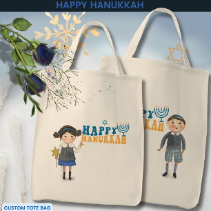 Lycklig Hanukkah Jewish Girl & Boy Tygkasse