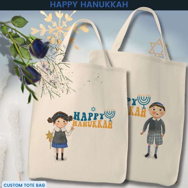 Lycklig Hanukkah Jewish Girl & Boy Tygkasse (Happy Hanukkah Jewish Girl & Boy Tote Bag)