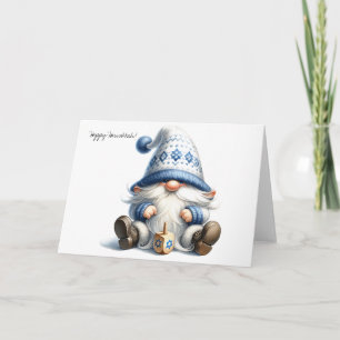 Lycklig Hanukkah Jewish Gnome med Dreidel Card Helgkort