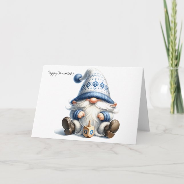 Lycklig Hanukkah Jewish Gnome med Dreidel Card Helgkort (Framsida)