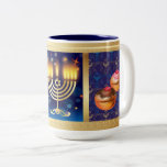 Lycklig Hanukkah judisk Helgdag vacker Två-Tonad Mugg<br><div class="desc">Lycklig Hanukkah Vackert judiskt Helgdag-kaffet Mugg & Kopp design. Den judiska Helgdag Hanukkah-bakgrunden med traditionella Chanukah-symboler - trädrömmar (spinnande topp),  nötter,  menorah,  ljus,  David-stjärnan och ljus-tapet,  dekorativa mönster för hem,  köks- och matlagning,  dricksprogram,  Mugg och Kopp. Hanukkah Festival Dekoration. Judaica. Jerusalem,  Israel.</div>