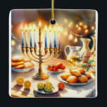 Lycklig Hanukkah Julgransprydnad Keramik<br><div class="desc">Vattenfärgillustration för Hanukkah. Ett vackert arrangerat bord-set för ett festligt firande,  med en traditionell menorah med tända ljus. Mjuk,  varm lampa,  medan helgdag tillför en gnutta glädje. Varma ljus som skapar en mysigt atmosfär som inbjuder till det.</div>
