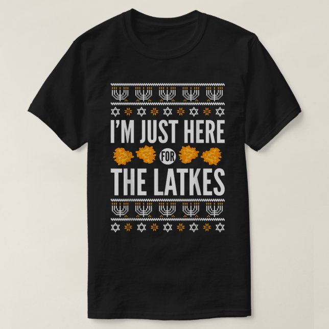 Lycklig Hanukkah Just här för latkes hebreiska jud T Shirt (Design framsida)