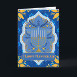 Lycklig Hanukkah Kort<br><div class="desc">Ett vackert hälsningskort och ett hälsningskort för eleganten som önskar någon en Lycklig Hanukkah. Perfekt för firande på den judiska festivalen i ljus. Ljuset i färg med en menorah framför sig omgiven av oliver och grenar, färglöst ramar och David stjärnor på royalets blå bakgrund och ljust gula blommor på hörnen....</div>