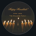 Lycklig Hanukkah Lamp Menorah Ljus Candle Chanukah Runt Klistermärke<br><div class="desc">Lycklig Hanukkah Lamp Menorah Ljus Candles Chanukah Festival of Ljus Stickers,  Add Text and Namn</div>