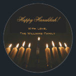 Lycklig Hanukkah Lamp Menorah Ljus Candle Chanukah Runt Klistermärke<br><div class="desc">Lycklig Hanukkah Lamp Menorah Ljus Candles Chanukah Festival of Ljus Stickers,  Add Text and Namn</div>