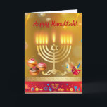 Lycklig Hanukkah Ljus judisk Guld Kort<br><div class="desc">Lycklig Hanukkah Vackert judiskt Julhälsningar kort. Den judiska Helgdag Hanukkah-bakgrunden med traditionella Chanukah-symboler - Guld Menorah, Hanukkiah Candelabrum och Candles, trädrömmodeller (spinning top), nötter, David-stjärnan och ljus tapet mönster. Hanukkah Festival Dekoration. Jerusalem, Israel. Inbjudningar och mallar, gratulationskort, vykort, vacker kortdesign med textmall anpassar dem genom att lägga till önskemål, namn...</div>