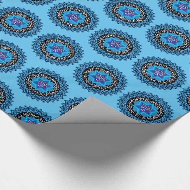 Lycklig Hanukkah med menorah blue Wrapping Papper Presentpapper (Hörn)