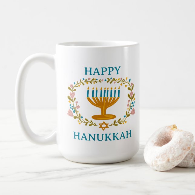 LYCKLIG HANUKKAH Menorah blommigt Jewish Helgdag Kaffemugg (Med munk)