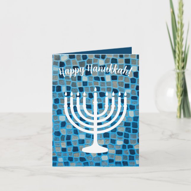 Lycklig Hanukkah Menorah Blue Mosaic Ornament Card Tack Kort (Framsida)
