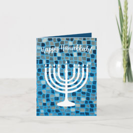 Lycklig Hanukkah Menorah Blue Mosaic Ornament Card Tack Kort