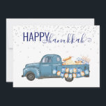 Lycklig Hanukkah Menorah Blue Vintage Lastbil Julkort<br><div class="desc">Den här designen skapades genom digital grafik. Den kan vara personlig i det område som tillhandahålls genom att ändra fotot och/eller text. Du kan också anpassa den genom att klicka för att anpassa ytterligare alternativ och ta bort eller ändra bakgrunden i färg, lägga till text, ändra texten färg eller stil...</div>