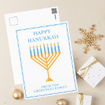 Lycklig Hanukkah Menorah Cute Personlig Vykort<br><div class="desc">Cute anpassningsbar Hanukkah-vykort för en judisk familj eller en Chanukah party med synagog. Anpassa med ditt efternamn eller med din gruppinformation i blått under söt blue och guld menorah.</div>