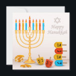 Lycklig Hanukkah Menorah Dreidel Guld Mynt<br><div class="desc">Den här helgdagarna har en menorah med drömmar och guld mynt. Texten "Lycklig Hanukkah" är skriven i ett modernt kalligrafiskript med David-stjärnan ovan. #hanukah #chanukah #helgdagar #säsong #festive #menorah #dreidel #mynt #guld #hälsningskort #starofdavid #star #star #modern #trendig #trending #stil #snyggt #populär #designer #hälsning # # #Skrivverk</div>