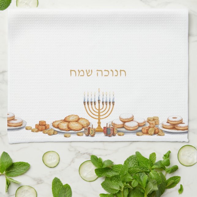 Lycklig Hanukkah Menorah Food Latkes & Donuts Kökshandduk (Vikta)