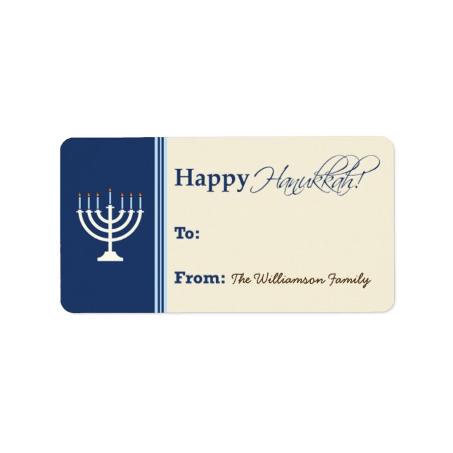 Lycklig Hanukkah Menorah Gift Märkre (mörk blått) Adressetikett (Framsidan)