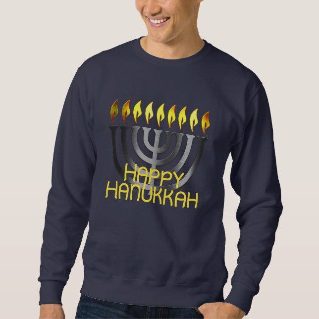 Lycklig Hanukkah Menorah Grått Lång Ärmad Tröja (Framsida)