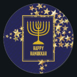 LYCKLIG HANUKKAH | Menorah | Guld Stars | NAVY BLU Runt Klistermärke<br><div class="desc">Snyggt Festive HANUKKAH-klistermärken med faux guld-stjärnor. HELGDAG BLESSINGS visas i subtil bakgrund mönster.</div>