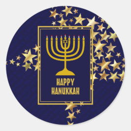 LYCKLIG HANUKKAH | Menorah | Guld Stars | NAVY BLU Runt Klistermärke