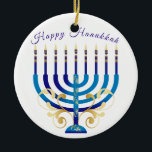Lycklig Hanukkah menorah gult guld Julgransprydnad Keramik<br><div class="desc">hand designad Lycklig Hanukkah blue och gult Menorah ornament. Anpassa meddelandet.</div>