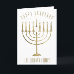Lycklig Hanukkah Menorah Helgdag Card Helgkort<br><div class="desc">Skicka ett personlig-kort till dina kära i Hanukkah-säsongen. Den här designen har en guld färgad-menorah. Framför allt står det "Lycklig Hanukkah". Under menorah är en ställe för din familj namn som du kan anpassa eller ta bort om du vill. Inuti kortet står det "Wishing you peace, kärlek, and joy this...</div>