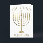 Lycklig Hanukkah Menorah Helgdag Card Helgkort<br><div class="desc">Skicka ett personlig-kort till dina kära i Hanukkah-säsongen. Den här designen har en guld färgad-menorah. Framför allt står det "Lycklig Hanukkah". Under menorah är en ställe för din familj namn som du kan anpassa eller ta bort om du vill. Inuti kortet står det "Wishing you peace, kärlek, and joy this...</div>