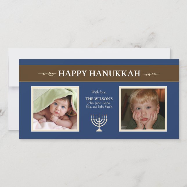 Lycklig Hanukkah Menorah Helgdag PhotoCard (blått) Julkort (Framsida)