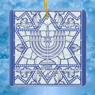 Lycklig Hanukkah Menorah och David Star Julgransprydnad Keramik