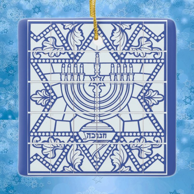 Lycklig Hanukkah Menorah och David Star Julgransprydnad Keramik (Skapare uppladdad)