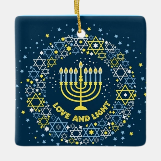 Lycklig Hanukkah Menorah och Dreidels Ceramic Orna Julgransprydnad Keramik (Framsida)