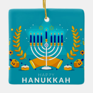 Lycklig Hanukkah Menorah och Dreidels Julgransprydnad Keramik