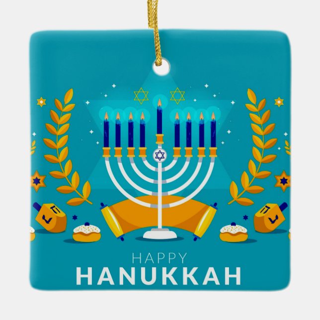 Lycklig Hanukkah Menorah och Dreidels Julgransprydnad Keramik (Framsida)