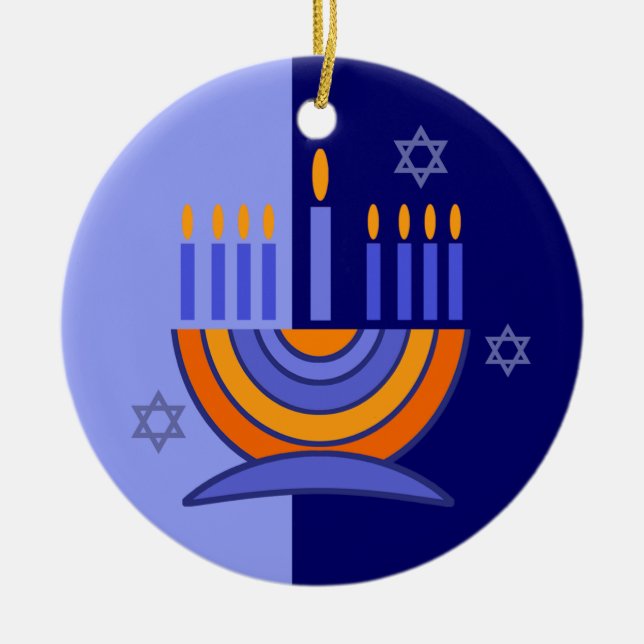 Lycklig Hanukkah. Menorah och Dreidels Julgransprydnad Keramik (Framsidan)