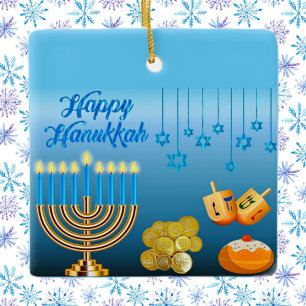 Lycklig Hanukkah Menorah och Dreidels Julgransprydnad Keramik