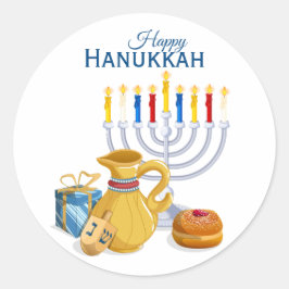 Lycklig Hanukkah Menorah Oil Pitcher Sufganiyot Runt Klistermärke