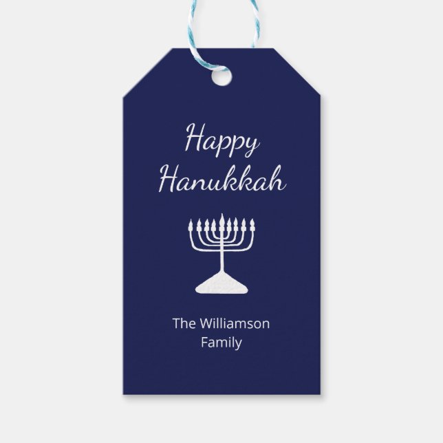 Lycklig Hanukkah Menorah Simple Blue Presentetikett (Framsidan)