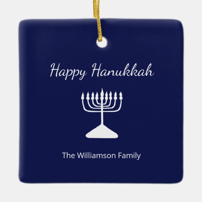 Lycklig Hanukkah Menorah Simple Blue White Julgransprydnad Keramik (Framsida)