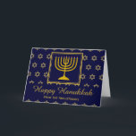 LYCKLIG HANUKKAH Menorah Star of David Personlig Helgkort<br><div class="desc">Personlig LYCKLIG HANUKKAH-kort. Snyggt hälsningskort för att fira HANUKKAH med menorah och David stjärna. Mörk blått bakgrund med faux guld Star of David och typografi. Platshållartext på omslaget och inuti hälsning är anpassade, så du kan lägga till ditt namn och ändra meddelandet. Välj bland ett brett urval av Hanukkah-design efter...</div>