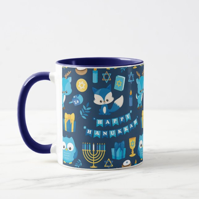 Lycklig Hanukkah Menorah Sufganiyot Cute Uggla Blu Mugg (Vänster)