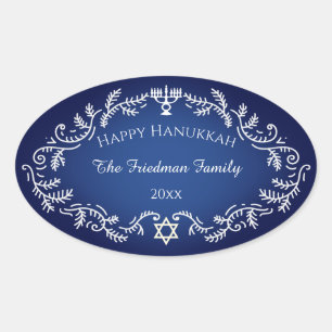 Lycklig Hanukkah Menorah White Festive Ram på Blue Ovalt Klistermärke