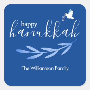 Lycklig Hanukkah   Modern Blue and White Hanukkah Fyrkantigt Klistermärke