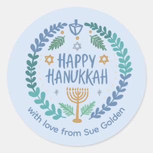 LYCKLIG HANUKKAH Modern Hand-Drawn Anpassningsbar  Runt Klistermärke